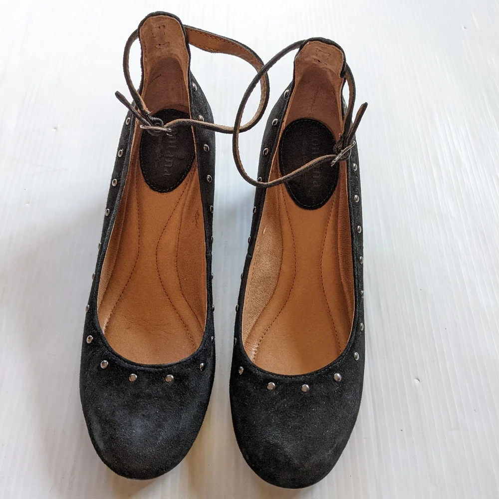 MONTANA Carg Silver Studded Black Suede Ankle Strap Block Heel Pumps size 7